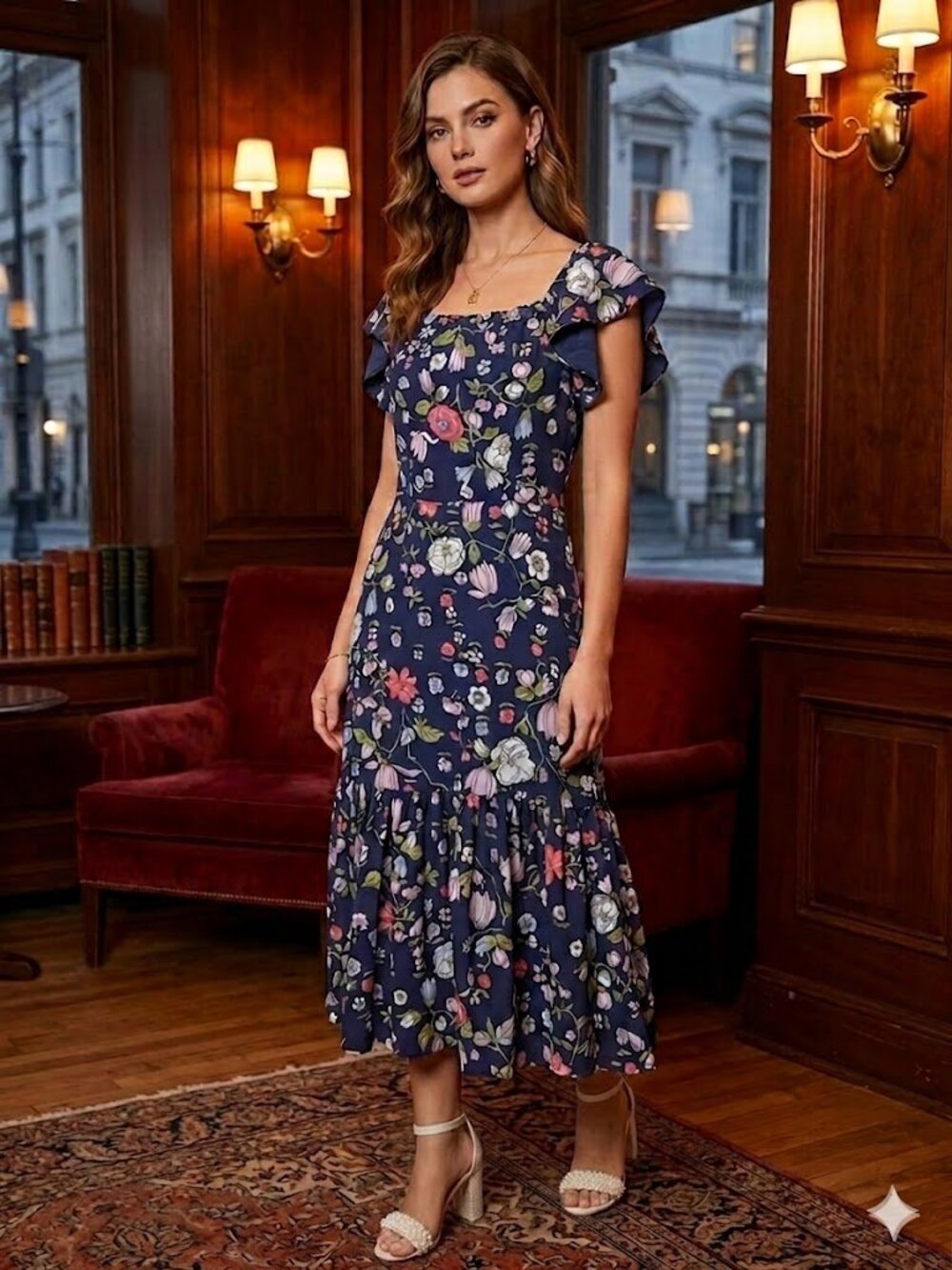 Rebecca Taylor Navy Floral Flutter-Sleeve Dress NWT Size 10